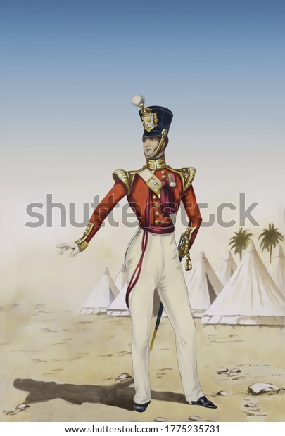 Historic Indian Army uniform and soldier. Bombay\
19th Native Infantry, Britsh Officer Uniform.  Mid-late 18th\
Century British Empire\
forces.