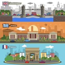 Historical Landmarks Famous Skylines Of Paris London And Athens Horizontal Banners Set Flat Abstract Isolated  Illustration