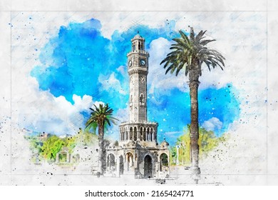 Historical old clock tower watercolor drawing. Izmir -Konak - Turkey
