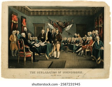 Historical painting of men signing the Declaration of Independence. Diverse group of men in 18th-century attire. Declaration signing, historical event, 1776. Vintage chromolithograph illustration art.