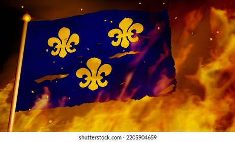 Historical Royal Flag Of Medieval Kingdom Of France (used By The House Of Bourbon) Burning In War, Crisis, Forest Fire, Collapse