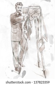 From history to the present - the art of film: Cameraman - Photographer. /// Full sized hand drawing illustration.