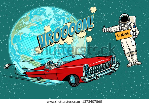 Hitchhiking astronaut waiting for the\
electric car in space. flight to Mars. Pop art retro comic book \
cartoon hand drawn\
illustration
