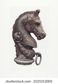 Hitching Post (1935-1942) by unknown American 20th Century artist. Victorian style horse drawing. Vintage art drawing illustration, old painting art print. Horse illustration.
