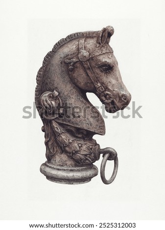 Hitching Post (1935-1942) by unknown American 20th Century artist. Victorian style horse drawing. Vintage art drawing illustration, old painting art print. Horse illustration.