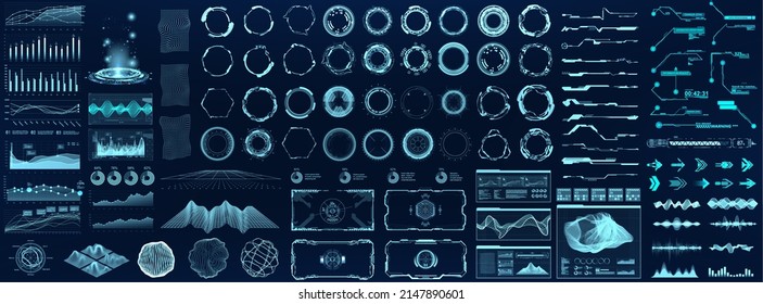 Hi-tech elements HUD, UI, GUI. Collection futuristic user interface graphic design set. Cyberpunk digital elements - circles HUD,  charts, frame, buttons, bars UI, callouts, arrow. Illustration