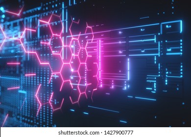 Hi-tech Futuristic Background. Glowing Blue Neon Electronic Pattern. Global Network System. Bright Light. Cybernetic Landscape. Hexagonal Pink Grid Hologram. Security Concept.