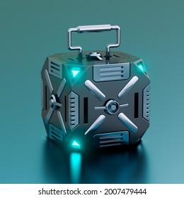 Hi-tech Futuristic Sci-fi Box Container Isolated On Metallic Background. Concept Of Military Equipment And Games. 3D Illustration