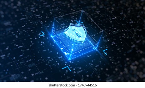 Hi-tech Shield of cyber security. Digital data network protection. High-speed connection data analysis. Technology data binary code network conveying. Future technology digital background concept.