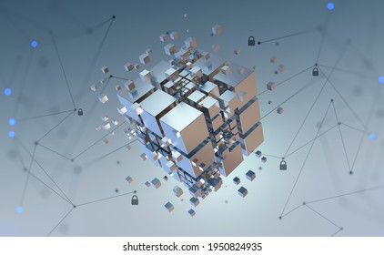 High-Tech-Quadratzblöcke werden in einem Kubikarray vor dem Hintergrund von Informationsfeldern gesammelt. 3D-Illustration des abstrakten Blockchain-Konzepts. Lernfähigkeit künstlicher Intelligenz