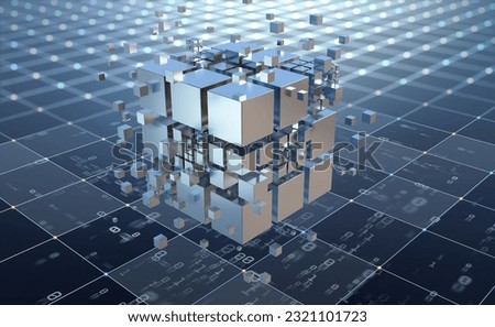 Hi-tech Square blocks are collected in a cubic array against the background of information fields. 3d illustration of blockchain abstract concept. Artificial intelligence learnability