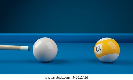 Hitting the cue ball number 13 on a blue billiard ball. Closeup 3d