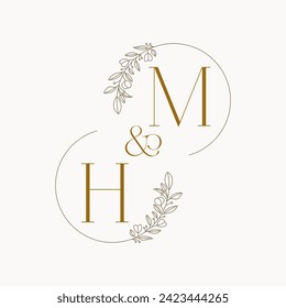 HM Logo initials wedding monogram logo design in simple brown circle leaf frame