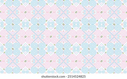 The Hmong ethnic fabric pattern is designed in pastel tones. It is a spiral pattern that forms a heart shape, which is a unique symbol of the Hmong ethnic group and is used in clothing design.