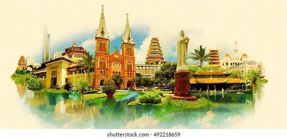 HO CHI MINH high resolution panoramic watercolor  illustration