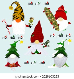 Ho Ho Ho Merry Christmas gnome and cute Christmas santa gnome elf.Scandinavian Nordic gnomes Santa hats in cartoon styles.