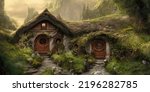 Hobbit village, houses with round doors and windows. Roofs of the houses are covered with grass. World of the Lord of the Rings. 3d illustration