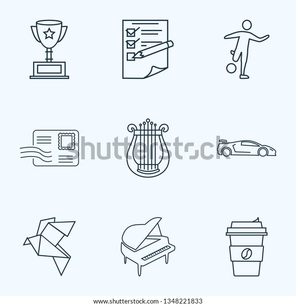 Hobby icons\
line style set with origami, harp, planning and other decaf\
elements. Isolated  illustration hobby\
icons.