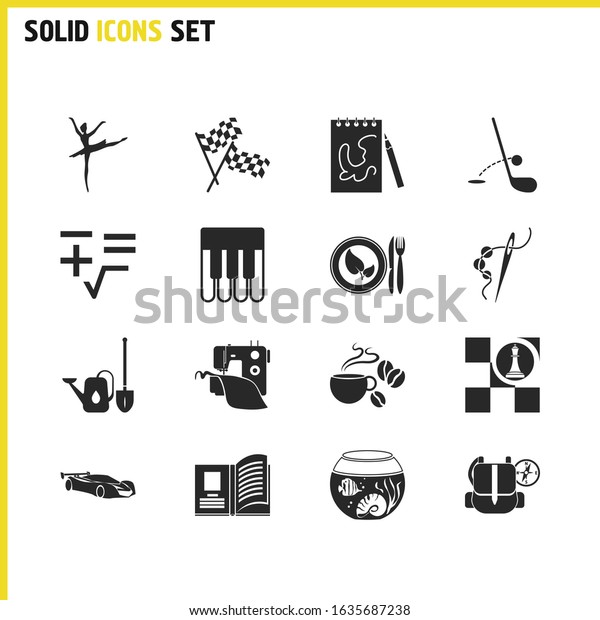 Hobby icons set with hiking, math and racing flag\
elements. Set of hobby icons and octave concept. Editable elements\
for logo app UI\
design.