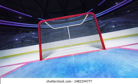 Hockey goal area dynamic closeup view in modern sport arena, ice hockey stadium indoor 3D illustration background.