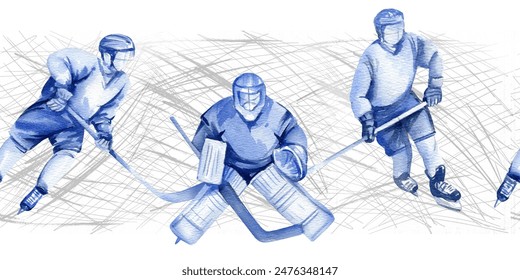 hockey goalkeeper protects the goal, hockey players in motion on the skate tracks on the ice background, seamless pattern, hand drawn watercolor sketch of ice sport theme, for hockey match decoration