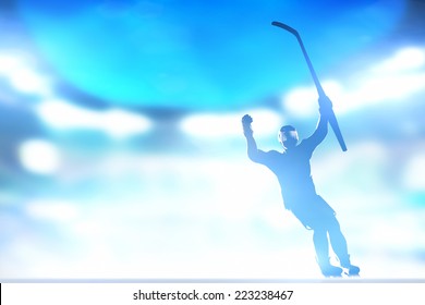 Hockey Player Celebrating Goal, Victory With Hands And Stick Up In The Air. Win The Match. Full Arena Night Lights