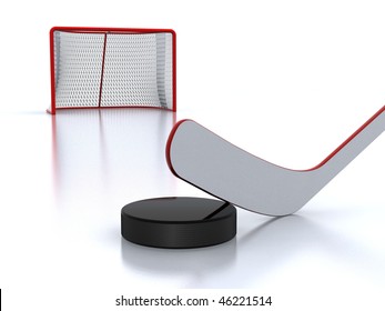 Hockey stick,puck and goal