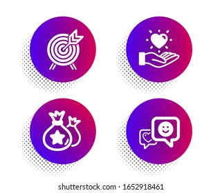 Hold Heart, Loyalty Points And Archery Icons Simple Set. Halftone Dots Button. Smile Sign. Love Brand, Money Bags, Attraction Park. Socila Media. Business Set. Classic Flat Hold Heart Icon.