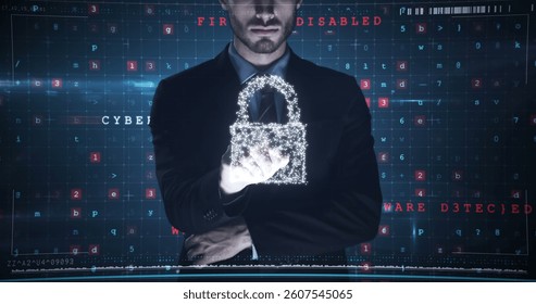 Holding digital lock, businessman symbolizing cybersecurity and data protection in office. data privacy, encryption, technology, corporate, network, defense