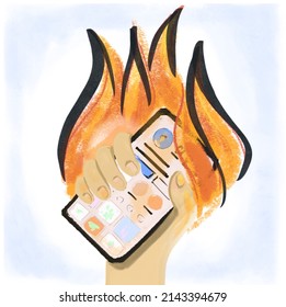 Holding Mobile Phone Social Media In Hand Fire Flame Burning Addiction Anxiety FOMO Communication Business Capitalism Commercial Hand Drawn Sketch Hand Drawn Personal Private Data Screen Cartoon Retro