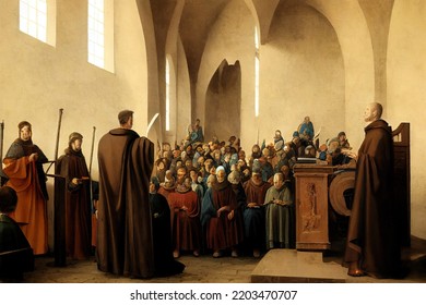 Holding A Sermon In A Christian Church. Digital Artwork Featuring The Pries Standing In Front Of A Crowd During A Catholic Mass. Historic And Religious Digital Art Painting.