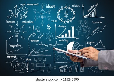 holding touch screen tablet With drawing business plan concept diagrams - Powered by Shutterstock