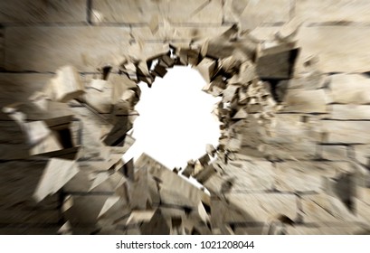 Hole In Cement And Brick Wall.3d Illustration.concept Of Breaking Down Obstacles.Concept Of Breaking Down Obstacles.Crack And Explosion