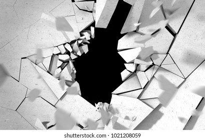 Hole In Cement And Brick Wall.3d Illustration.concept Of Breaking Down Obstacles.Concept Of Breaking Down Obstacles.Crack And Explosion