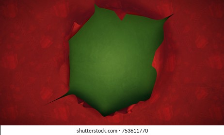 Hole In Christmas Wrapping Paper. Torn Paper Effect. 3d Rendering Picture.