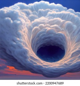 Hole In The Clouds. Top View Of A Tornado. Storm, Hurricane, Storm, Whirlwind, Windstorm. Weather Natural Anomaly. Abstract Pattern Background, Cyclone. Digital Illustration. Creative Poster. 