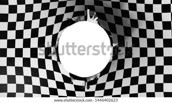 Hole cut in the flag of Checkered, white\
background, 3d\
rendering