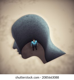 Hole Shaped As A Head With A Man Inside. Mental Illness And Open Minded Concept. This Is A 3d Render Illustration