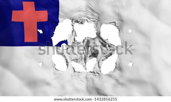 Holes\
in Christian flag, white background, 3d\
rendering