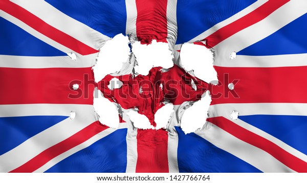 Holes in United Kingdom UK flag, white\
background, 3d\
rendering