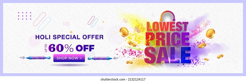 Holi Festival Website Banner For Sale And Promotion Template Design. Text Holi Special Shopping Offer And Background Splash Of Colorful Gulal