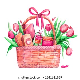 Holiday Basket Gift Sweets Flowers Spring Tulips Mother's Day Mother's Day Bow Watercolor Isolated Pink