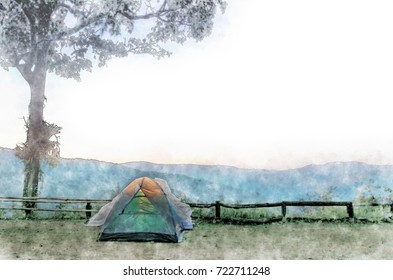 Holiday Camping In Watercolor Painting.