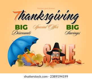 Holiday design with figurative 3d, and handwriting texts, farmer's hat and harvest on leaf in autumn colors for Thanksgiving day, sales, commercial event; - Powered by Shutterstock