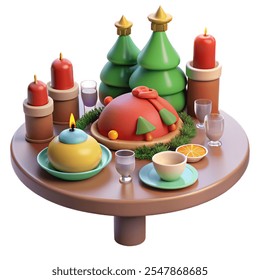 Holiday dinner table with candles, roasted turkey, and festive setup - Powered by Shutterstock