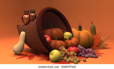 Holiday Fall Autumn Thanksgiving Wicker Cornucopia Food Pumpkins Apples Grapes Harvest Toy Owls On Top 3d Illustration