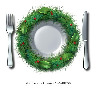 Holiday food and Christmas recipe concept as an empty white plate fork and knife place setting decorated with ornate pine needles with holly as an icon of winter diet or hunger in the festive season. - Powered by Shutterstock