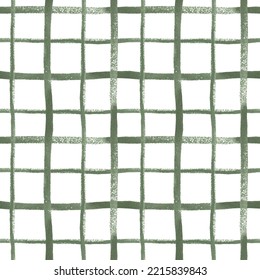 Holiday Green Plaid Seamless Pattern On White Background. Watercolor Hand Painting Stripes And Lines. Christmas Print In Cage For Textiles, Fabrics, Wrapping Paper, Wallpaper.