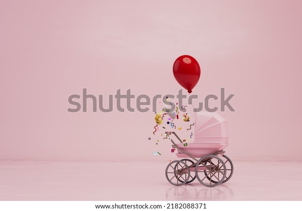 holiday in honor of the birth of a child. a pink\
baby stroller from which a baby bottle, confetti, a red helium\
balloon fly out on a pastel background with a place for a\
signature. 3d\
render