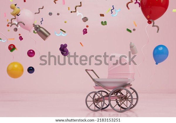 holiday in honor of the birth of a child. a pink\
baby stroller over which patterns of baby bottles, confetti,\
multi-colored helium balloons fly over a pastel background. 3d\
illustration. 3d\
render
